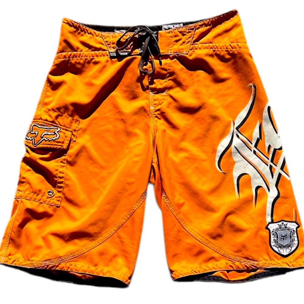 🦊 Rare Vintage Fox Deluxe Orange Board Shorts with white lettering size 34